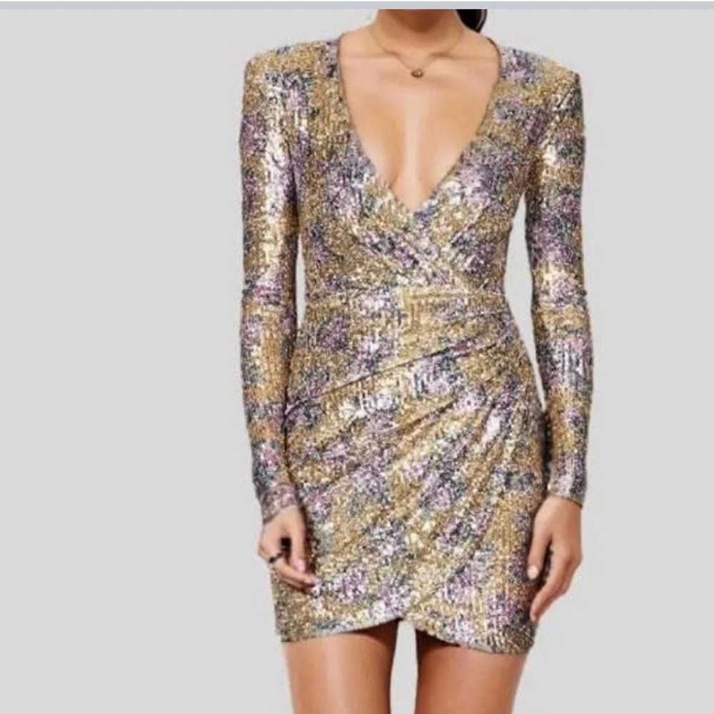 Nookie Brown and Purple Long Sleeve Bodycon Dress with Plunge Neckline
